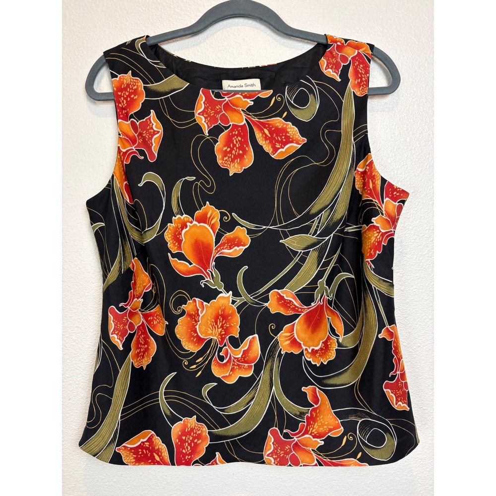 Amanda Smith Womens 100% Silk Blouse Floral Orchid Sleeveless Black Orange 16